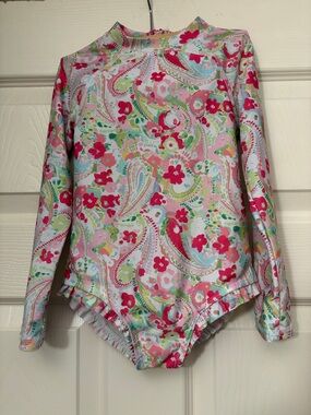 crown & ivy Girls Pink Floral Paisley Long Sleeve One-Piece Swimsuit